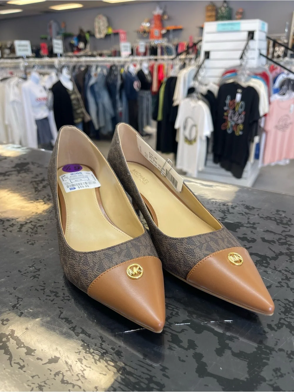 Michael Kors Brown Logo-Print Pointed Toe Flats with Tan Cap